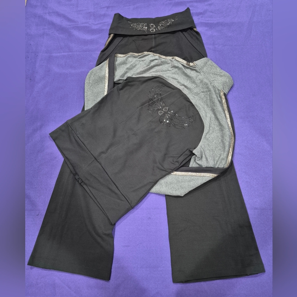 (PH8)Bebe Sport Rhinestones Logo 2-PC Dark Graphite/Grey/Taupe Jacket+Pants - S - Picture 2 of 11